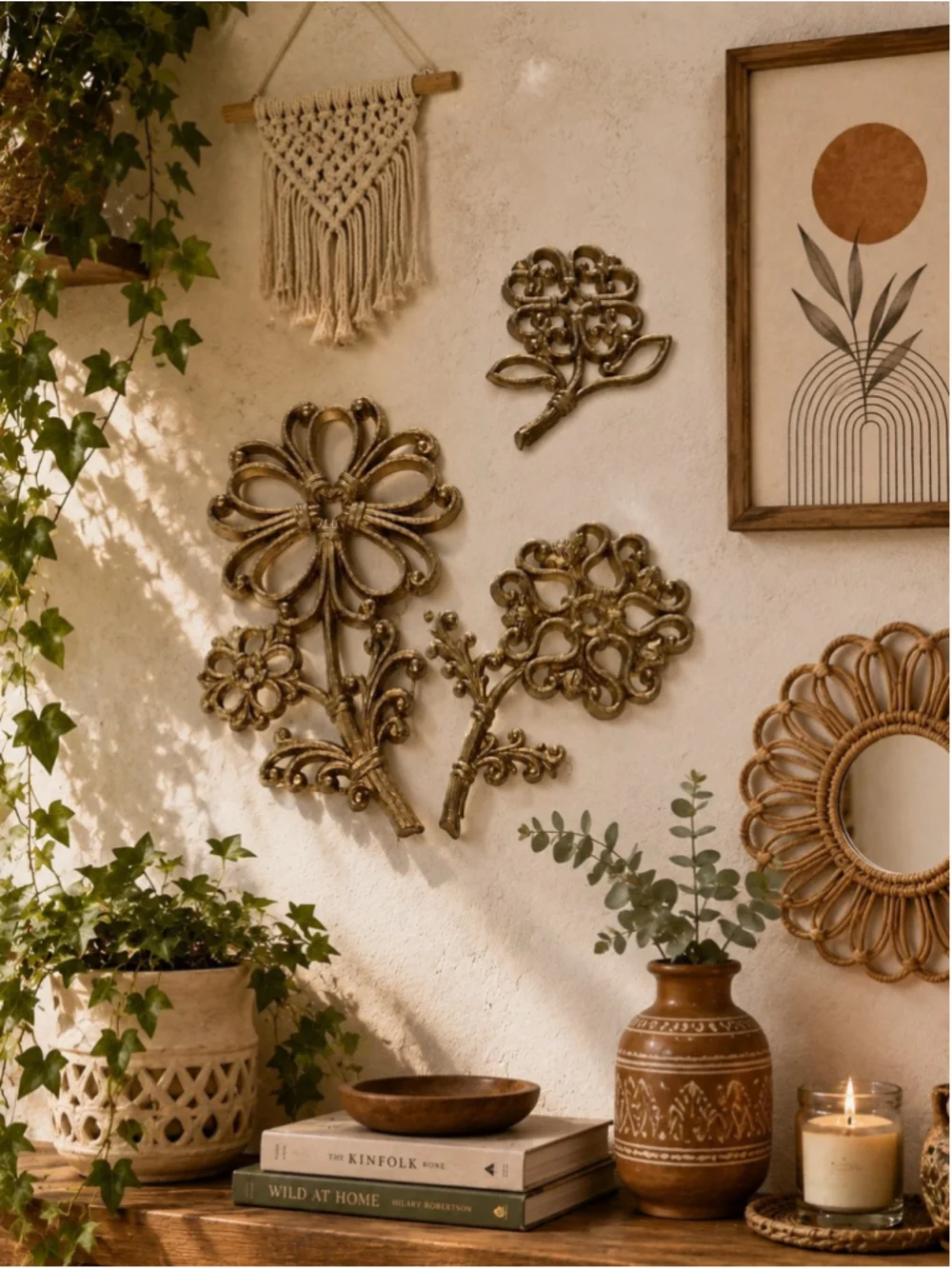 Vintage Gold Floral Wall Art Set Boho Cottagecore Decor Homco